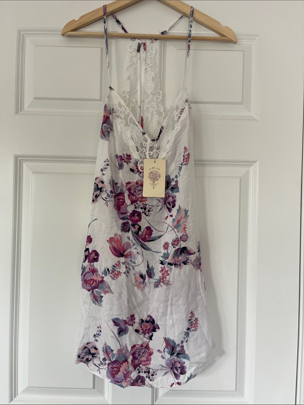 Floral Lace-Back Chemise Slip in White with Pink & Purple Flowers